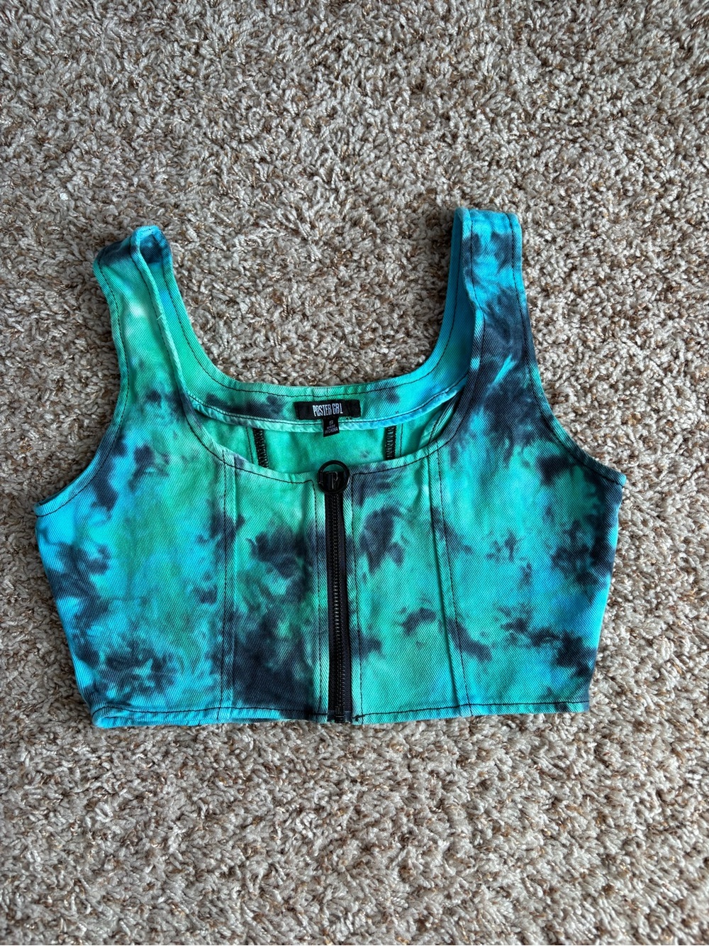 POSTER GIRL Teal & Black Tie-Dye Front Zip Crop Top